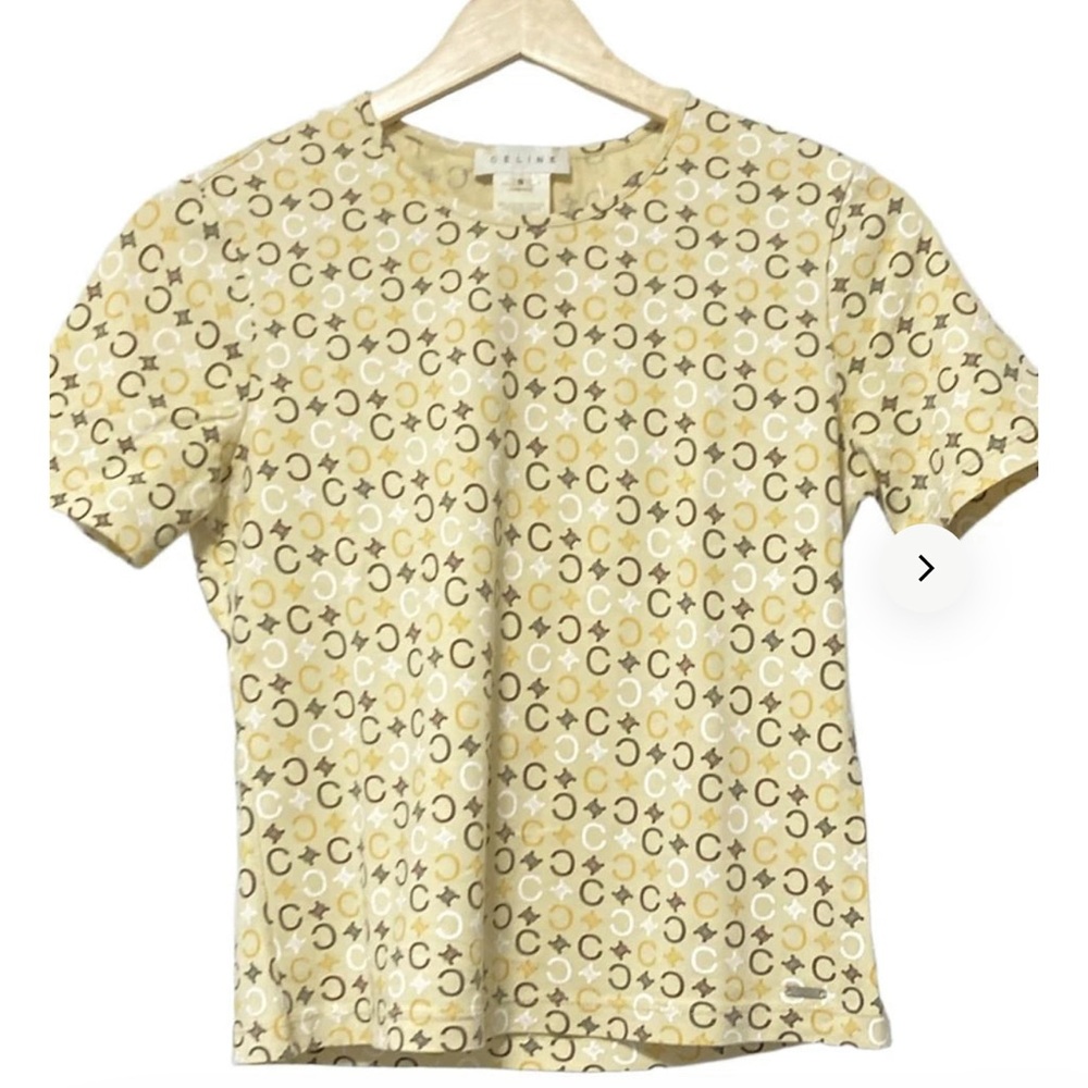 Celine Beige and Gold Logo Short Sleeve Top